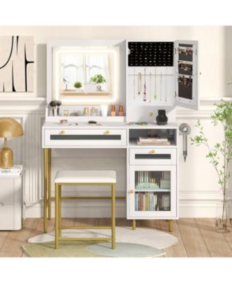 Modern Makeup Vanity Desk with Lighted Mirror Jewelry Cabinet and Stool Set