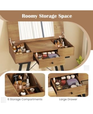 Flip Top Mirror Vanity Desk with Power Outlets and Storage Compartments