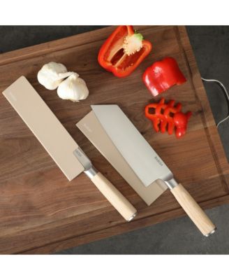 14 Piece Full Tang Forged Light Pakka Wood Kitchen Knife Set with High Carbon German Steel Blades and Protective Sheaths.