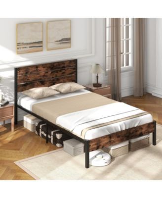 Metal and Wood Platform Bed Frame with Headboard and Noise-Free Slats