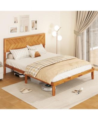 Rubberwood Platform Bed Frame with Storage Drawers and Headboard