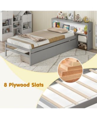 Solid Wood Platform Bed Frame with LED Lights and Headboard and Bookcase Headboard