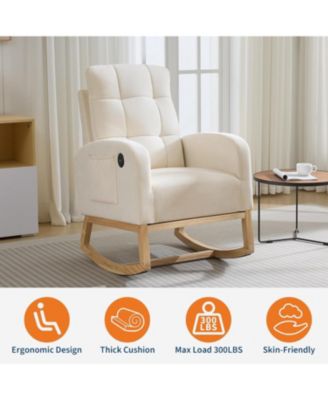 Linen Nursery Rocking Chair with USB Port and Side Pocket