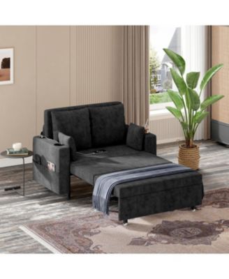 56" Sleeper Loveseat Sofa Bed, Pull-Out Couch with USB Ports, Cup Holders and Side Pockets
