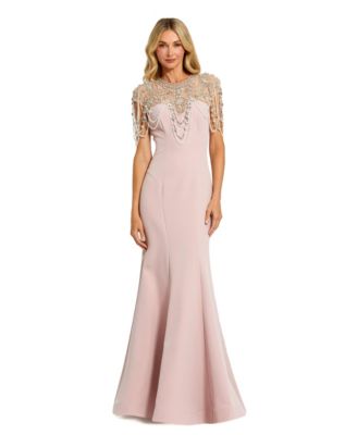 Women's Pearl Beaded Draped Mermaid Evening Gown