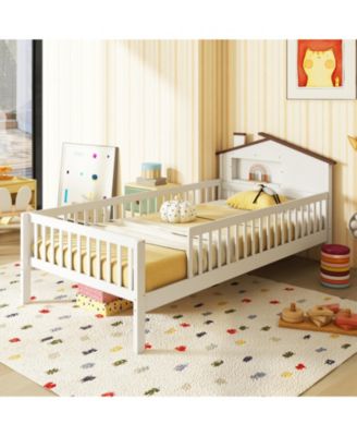Twin Kids Montessori Bed with Storage Shelves and House-Shaped Headboard