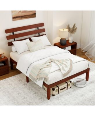Metal and Wood Platform Bed Frame with Headboard and Retro Headboard