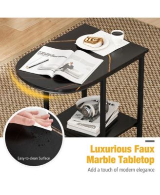 C-Shaped Modern Sofa Side Table with Faux Marble Top and Storage Shelf