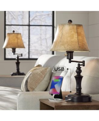 Traditional Swing Arm Desk Table Lamps 21.75" High Set of 2 with USB Port Bronze Metal Faux Leather Shade for Living Room Bedroom