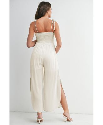 Maternity Smocked Wide-Leg Jumpsuit with Tie Shoulders and Side Slit