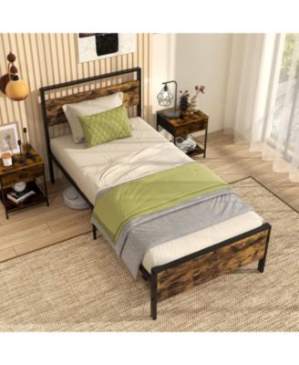 Twin Metal and Wood Platform Bed Frame with Headboard and Industrial Design