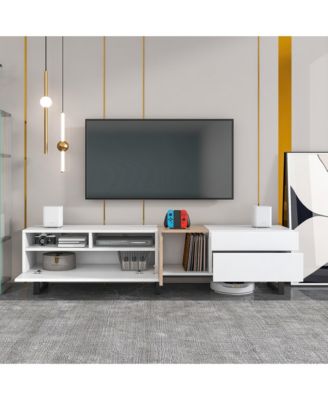 Modern Wooden Media Console for 80 Inch TVs, Entertainment Center with Dual Storage and Drop Down Door, TV Stand for Living Room