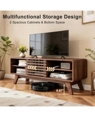 TV Stand with Slatted Sliding Door, Mid Century Modern Media Console Table for 50 Inch TV, Entertainment Center for Living Room