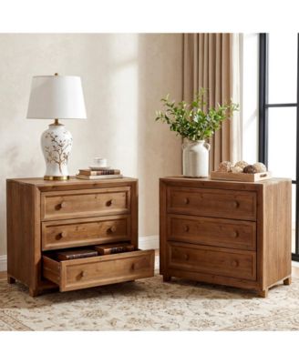 Solid Wood Nightstand with 3 Drawers Set of 2, 31.5  Wide Bedside Table with Round Wooden Knobs and Low-Profile Legs