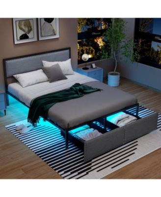 Queen Metal Platform Bed Frame with LED Lights and Storage Drawers