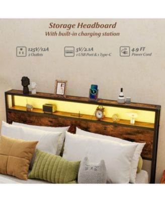 Queen Metal and Wood Bed Frame with LED Lights and Charging Station and Storage Drawers