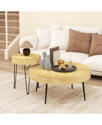 Set of 2 Solid Pine Wood Farmhouse Round Nesting Coffee Tables