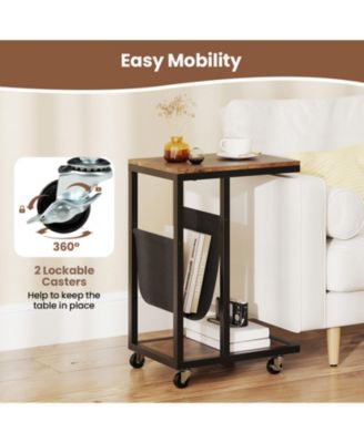 C-Shaped Side Table with Canvas Storage Pouch and Rolling Casters