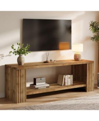 Solid Wood TV Stand for 55/60/65/75-Inch TVs, Farmhouse Entertainment Center with 2-Tier Storage Shelf, Fluted TV Consoles