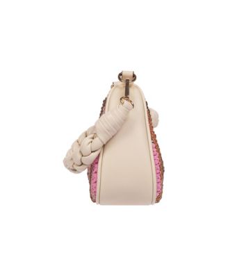 Woven Ribbon Zip Top Hobo Bag - Striped Woven Shoulder Bag with Braided Strap