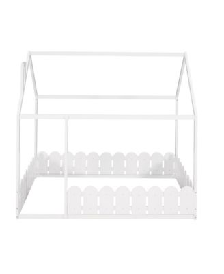 Full Size  Wood House Bed Frame with Surrounding Fence Roof Design for Kids Teens Boys and Girls