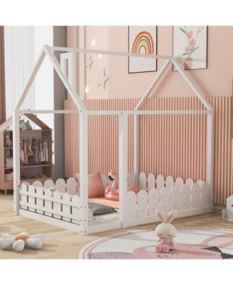 Full Size  Wood House Bed Frame with Surrounding Fence Roof Design for Kids Teens Boys and Girls