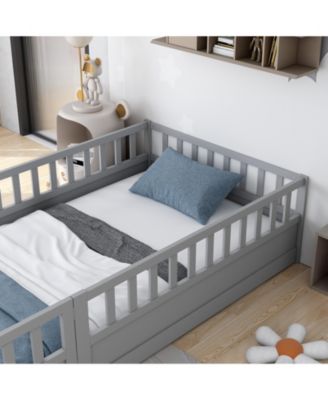 Twin Size Montessori Wooden Floor Bed With High Security Barrier And Door For Kids Bedroom