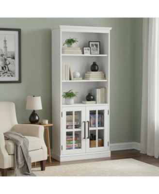Tall 5 Shelf Bookcase Glass Doors Modern Farmhouse Storage Living Room Office