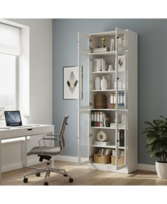 85.5" H 7 Tier Bookshelf with Glass Doors White Large Storage Bookcase for Living Room Office