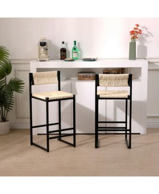 Paper Rope Woven Bar Stools Set of 2, Modern Counter Height Chairs with Metal Frame and Footrest for Kitchen Island