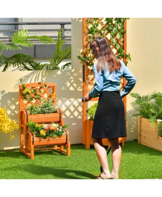 2-Tier Wooden Raised Garden Bed Container w/2 Cylindrical Planter Boxes and Trellis