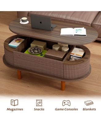 Fluted Lift Top Coffee Table, Modern Oval Wooden Center Table with Hidden Compartment for Living Room or Home Office