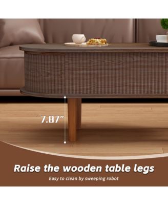 Fluted Lift Top Coffee Table, Modern Oval Wooden Center Table with Hidden Compartment for Living Room or Home Office