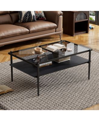 Rectangle 2 Tier Coffee Table, Center Table with Tempered Glass Top and Wood Storage Shelf for Living Room, Small Space