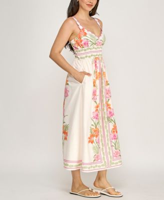 Juniors' Sleeveless Scallop Strap Ruched Waist Midi Dress