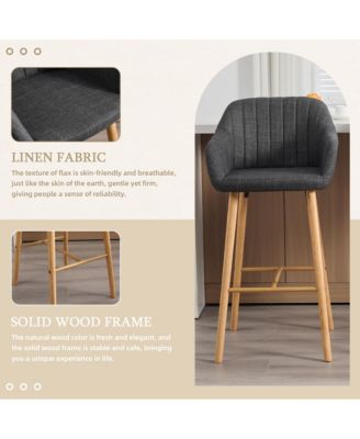 Bar Stools Set of 2 - Linen Fabric Upholstered Counter Height Chairs with Back, Footrest and Solid Wood Legs for Kitchen Island