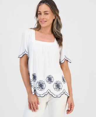 Petite Embroidered Scalloped Knit Top