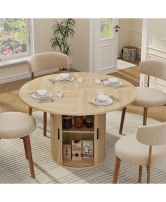 47 Inch Round Dining Table for 4, Kitchen Table Dinner Table with 2-Layer Storage Shelf and Wood Slide Door for Home Dining Room Living Room
