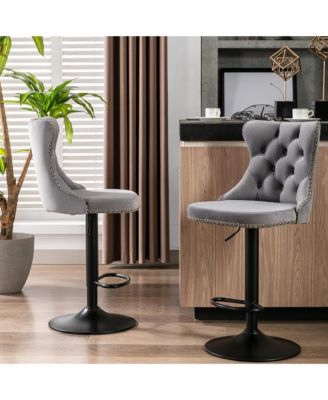 Velvet Bar Stools Set Adjustable Swivel Counter Height Chairs Footrest and Nailhead Trim for Home Pub