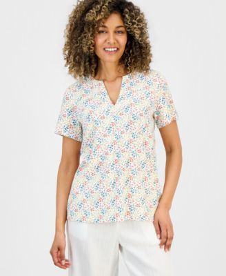 Petite Floral-Print Short-Sleeve Split-Neck Yoke Top