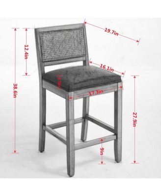 Rattan Bar Stools Set of 2 - Linen Fabric Upholstered, High-Resilience Foam and S-Springs, Counter Height Chairs for Kitchen Island