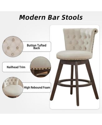 360° Swivel Bar Stools Set of 2, Velvet Counter Height Chairs with Curved Backrest, Nailhead Trim and Solid Wood Legs for Kitchen Island