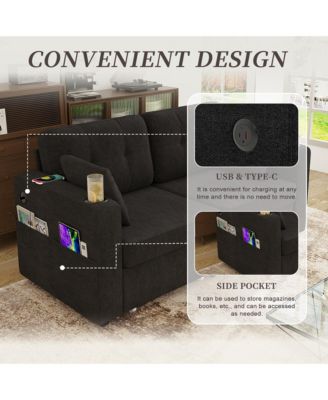 Modern 2-Seater Chenille Couch, 67 Inch Loveseat Sofa with USB Ports, Cup Holders, Storage and Solid Wood Frame for Living Room