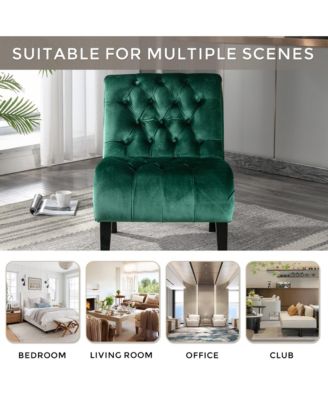 Modern Velvet Accent Chair, Upholstered Fabric Button Reading Chaise with Tufted Back, Wooden Legs, Rolled Edge Design for Living Room