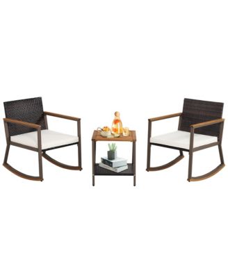 3PCS Patio Rattan Rocking Chair Bistro Set Armrest Cushion Table w/ Storage Shelf