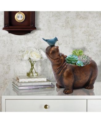 Brown Hippo and Blue Bird MgO Flower Pot Planter