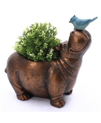 Brown Hippo and Blue Bird MgO Flower Pot Planter