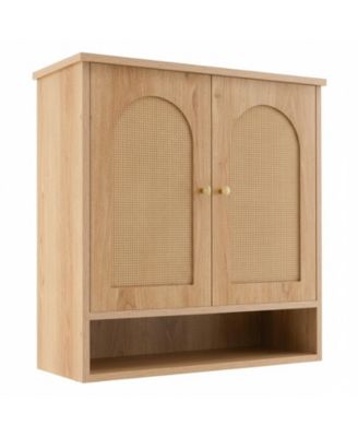 Bathroom Wall Cabinet with 2 Rattan Doors Open Shelf Heavy Duty Storage for Kitchen Living Room Entryway
