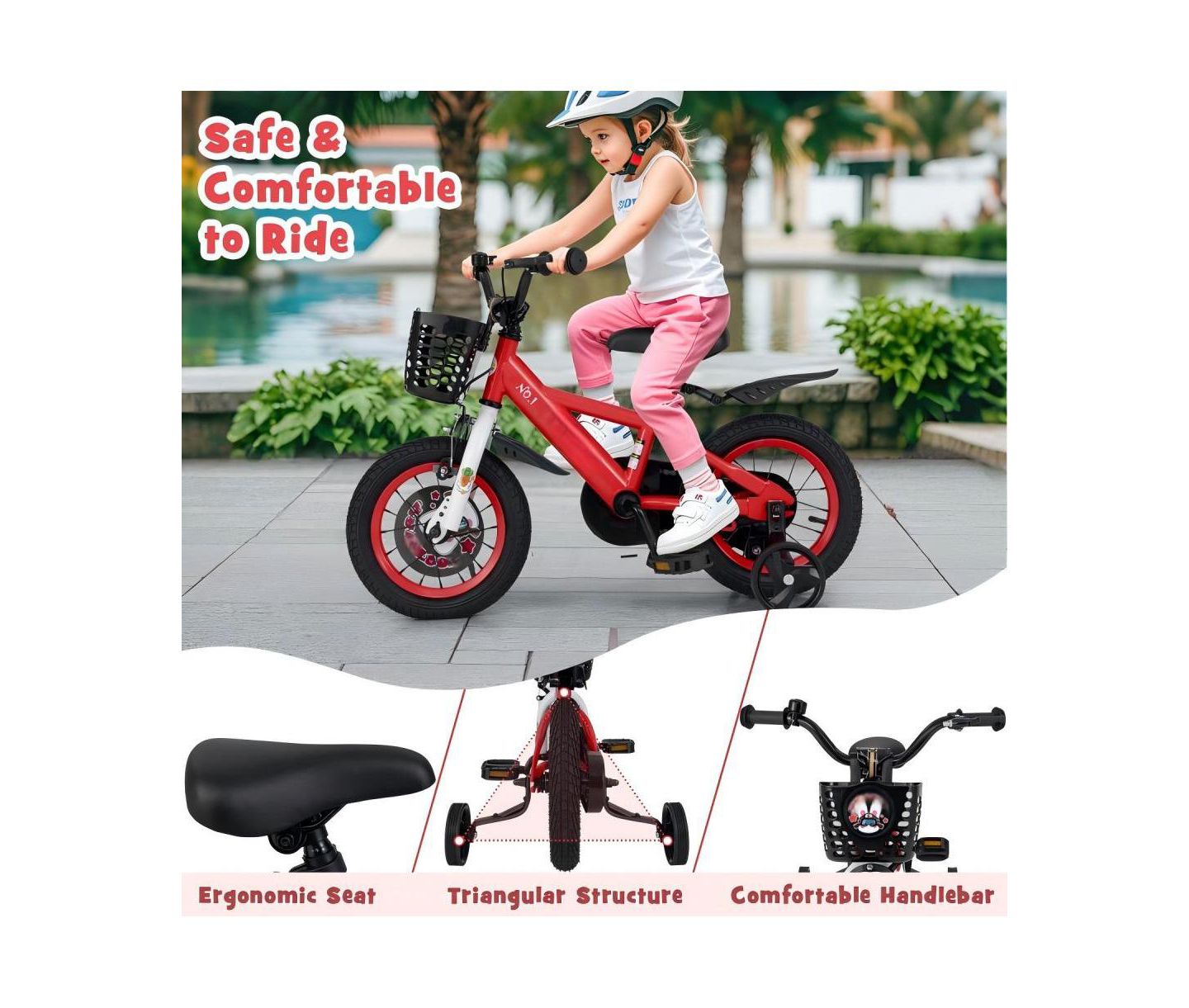 Детская игрушка HONGGE 12-Inch Steel Kids Bike with Adjustable Seat and Storage Basket, Ages 3-4, цвет: Красный — фото 8