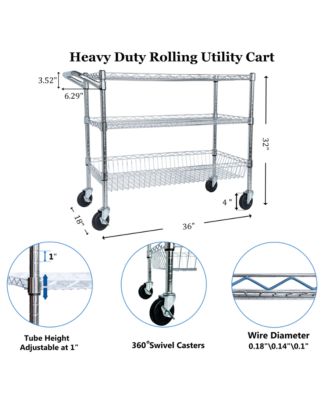 Heavy Duty Rolling Utility Cart, 3 Tier Metal Kitchen Carts On Wheels with Handle Bar & Wire Shelf for Restaurant, Plant Display